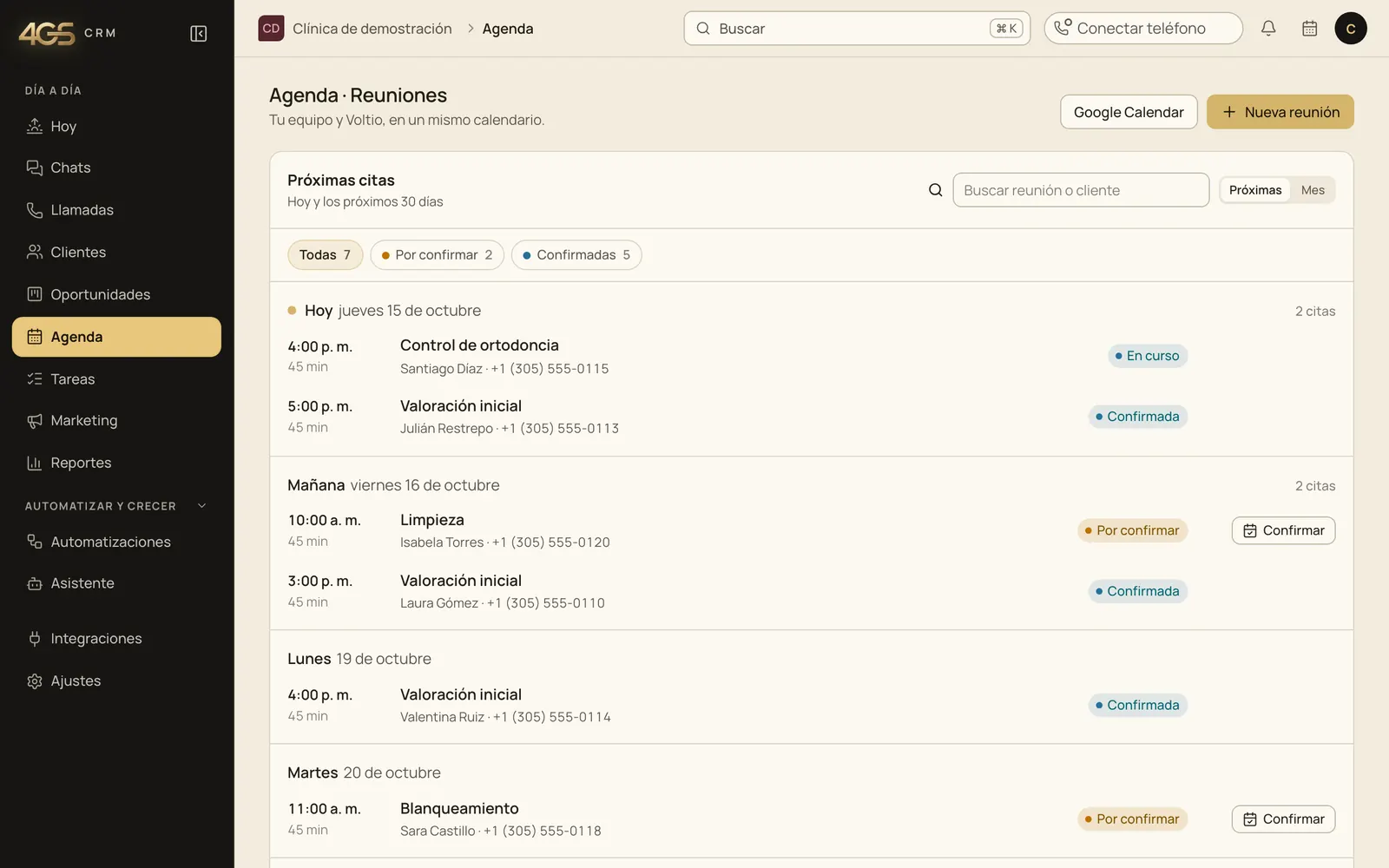 Pantalla de Agenda del CRM con las próximas citas del equipo por día y su estado: por confirmar o confirmada.