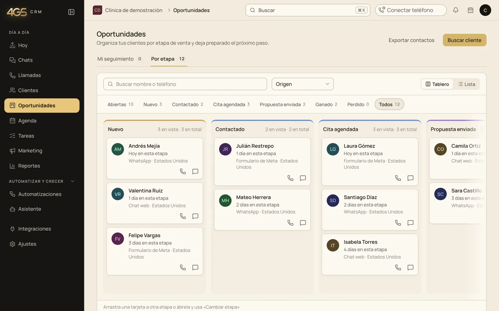 Pantalla de Oportunidades del CRM: tablero con las columnas Nuevo, Contactado, Cita agendada y Propuesta enviada, cada una con tarjetas de clientes.